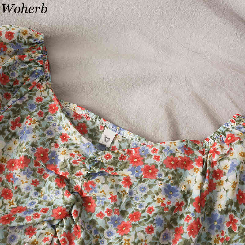 Women Sexy Off Shoulder Crop Top Summer Print Floral Sweet Short Blouses Pleated Puff Sleeve Blusas Ins Fashion 210519
