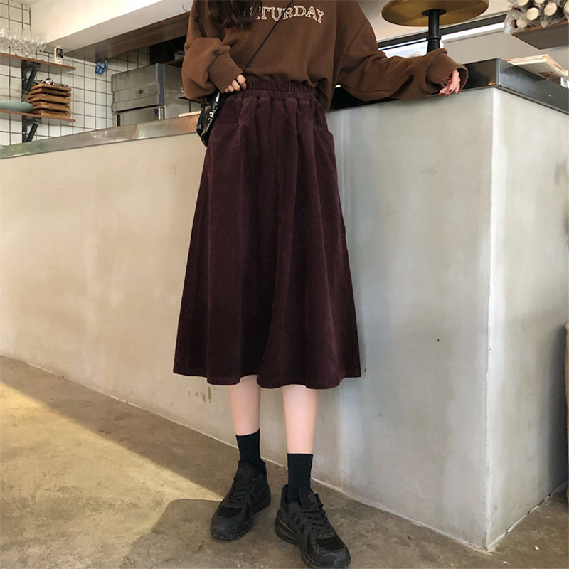 Preppy Style Stylish Corduroy Large Size Winter Women Slender Elastic-Waist Vintage A-Line Casual High Waist Long Skirts 210421
