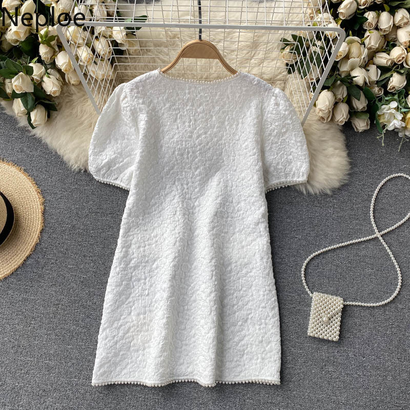Neploe Women Elegant Korean Dress Heavy Beading V Neck Puff Short Sleeve A-line Mini Dresses Summer High Street White Vestidos 210422