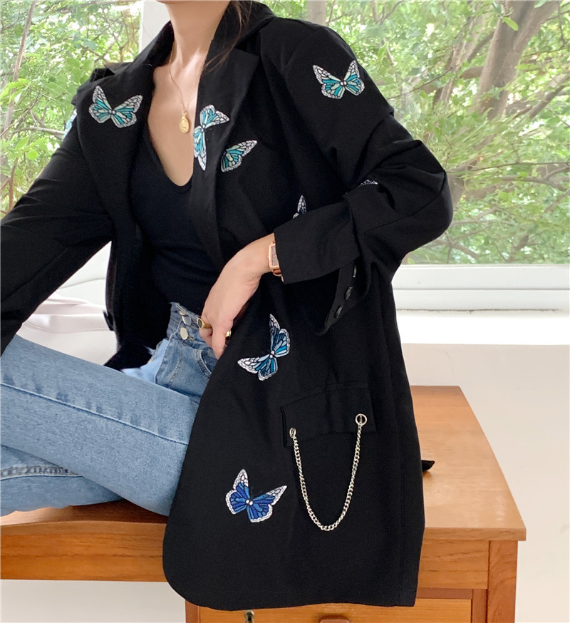 OL Fashion Single-breasted Butterfly Embroidery Blazer Coat Women Elegant Tops Notched Suit Jacket Loose Blazers 210421