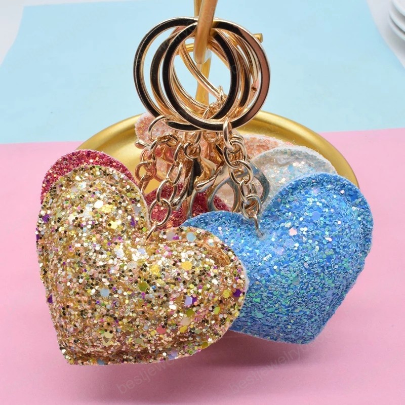 Sweet Glitter Love Keychain Flashing Sequin Key Chain for Women Backpack Pendant Key Ring Trinkets Handbag Ornament