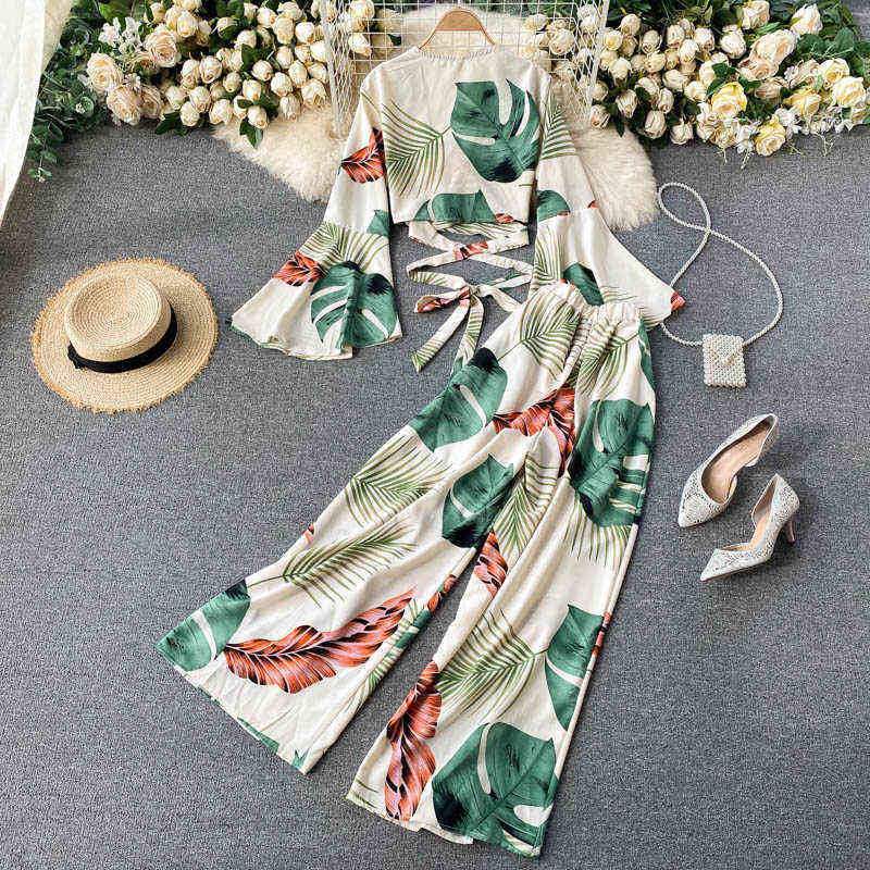 Bohemian Vacation Beach Two Piece Set Women Sexy V-Neck Bandage Short Tops + High Waist Split Wide Leg Pant Suit Spring Autumn 211106