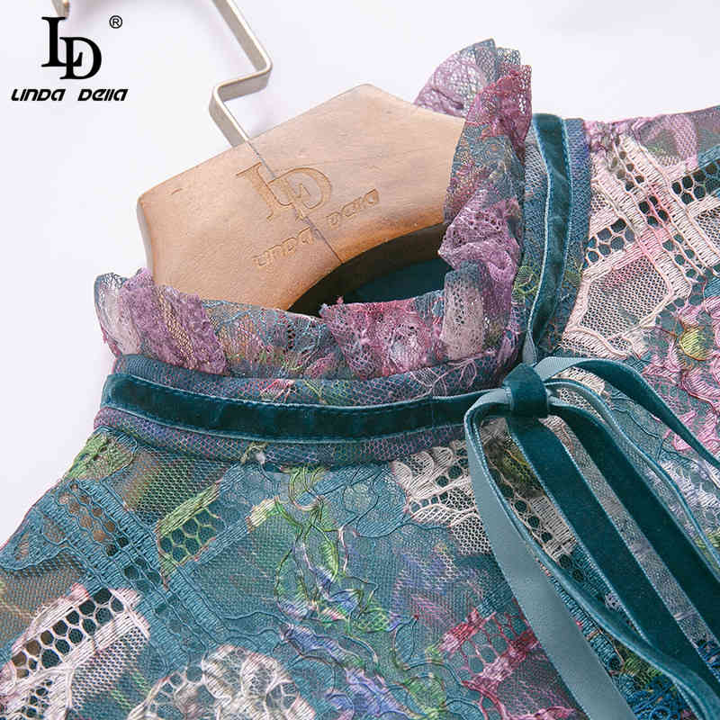 Summer Elegant Tweed Mini Dress Women Runway Mesh patchwork Print Long sleeve Vintage Party 210522