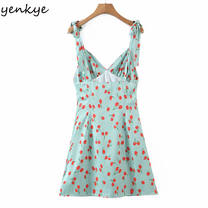 YENKYE Sexy Sling Summer Beach Dress Women Sweet Cherry Print Dress Female Backless Sleeveless V Neck A-line Satin Short Robe 210515