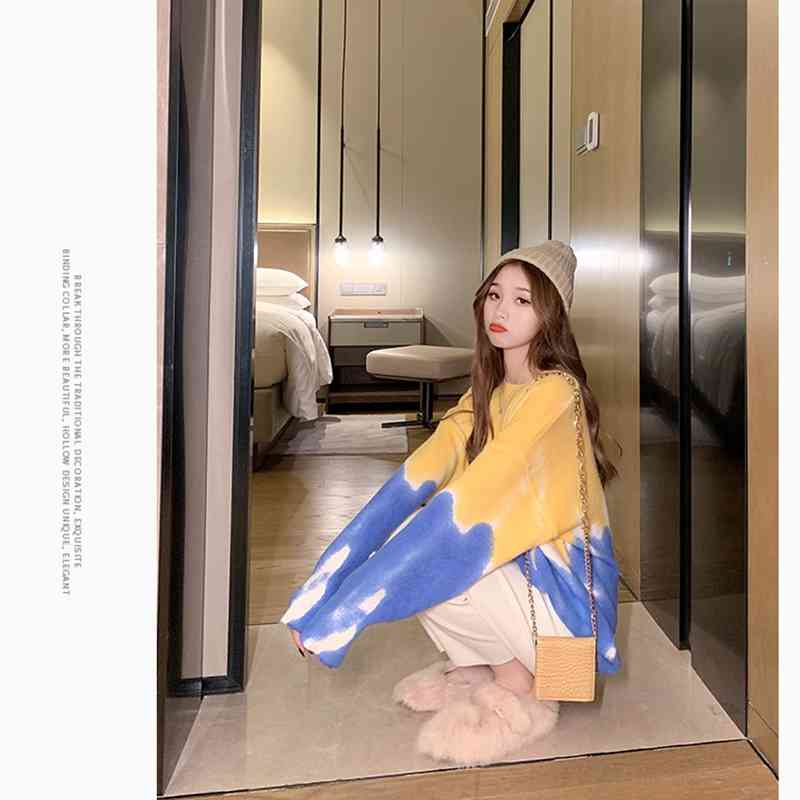 H.SA Korean Fashion Pink Sweater Tie Dye Jumper and Pullovers Patchwork Casual Knitwear Pull Jumpers Kawaii Christmas 210716