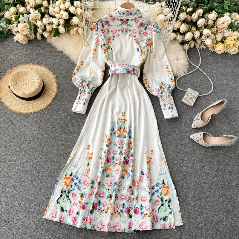 Fashion Print A-line Maxi Long Dress For Women Lapel Sleeve Loose Lace Up Slim Holiday Elegant Dresses Clothes Vestidos 210428