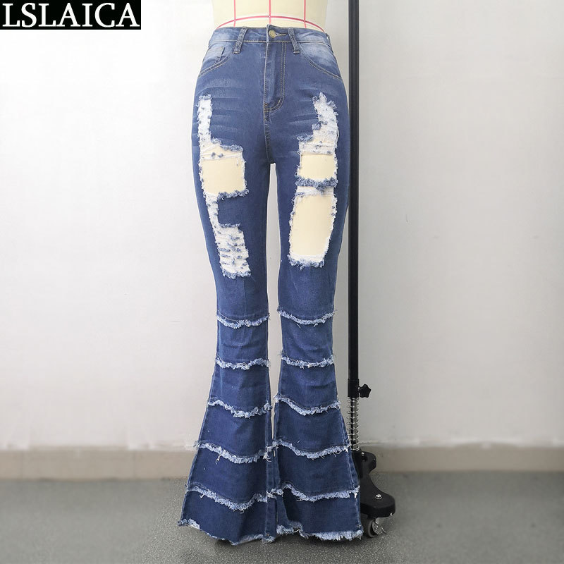 Sexy Jeans Woman Pants High Waist Fashion Hole Flare Plus Size Streetwear Women Autumn Casual Solid Female Long Trousers 210520
