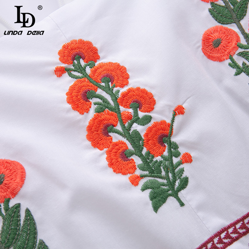 Summer Fashion Designer Mini Cotton Dress Women Long sleeve Beautiful Flower Embroidery Elegant White 210522