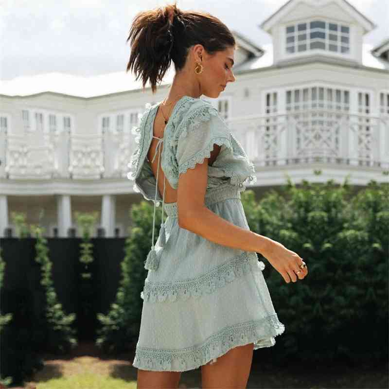 Bikini Cover-ups Sexy Hollow Out Babydoll Summer Beach Dress Blue Tunic Women Wear Swim Suit Cover Up A775 210420