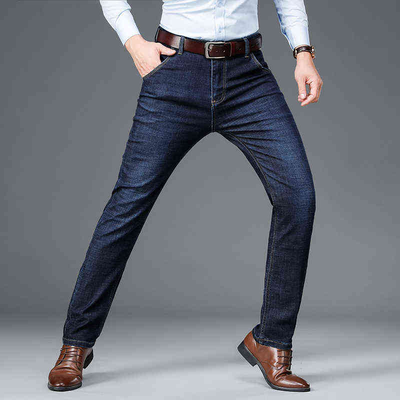 Men's Classic Relaxed Fit Flex Jean spring autumn Four Seasons High waist Business casual black blue denim trousers 211120