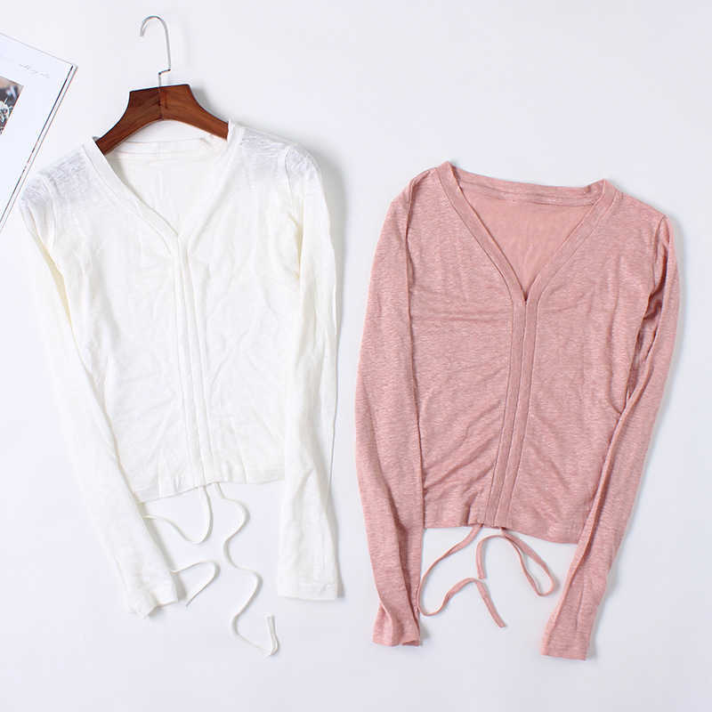 WOMENGAGA Autumn T-shirt Korean Base Tee's Summer Drawstring V-neck Top Tshirt VR3W 210603