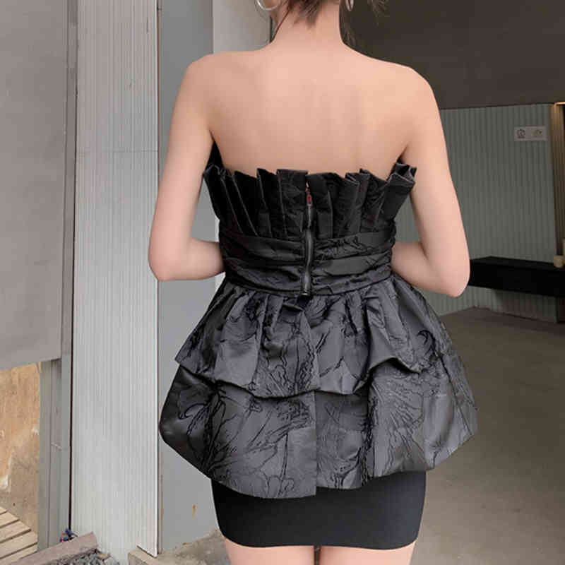 VGH Black Sexy Two Piece Set For Women Strapless Sleeveless Shirt High Waist Bodycon Skirts Female Sets Fashion New clothes 210421