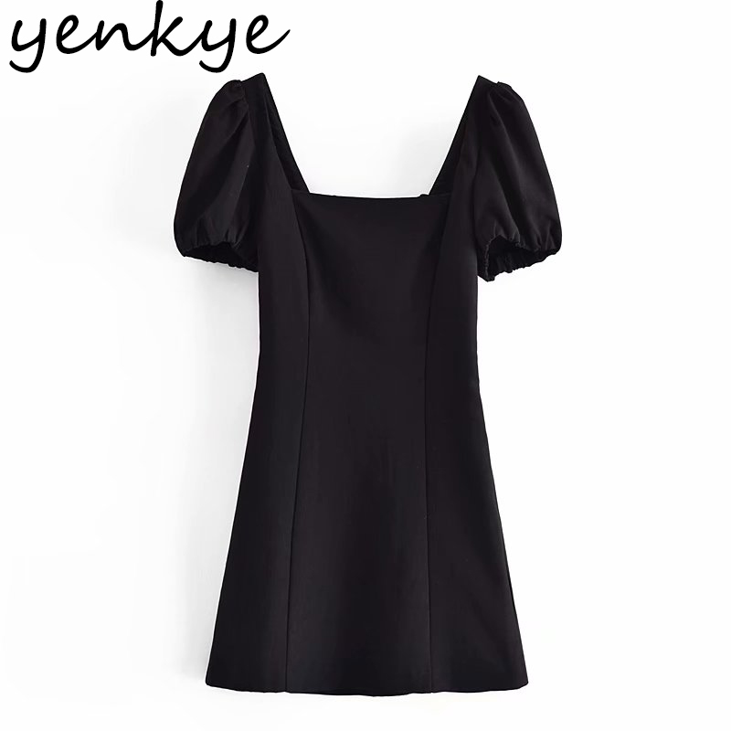 Vintage Black Linen Dress Summer Women Sexy Backless Lacing Puff Sleeve Square Neck Vestido Mujer Party Short Dresses 210430