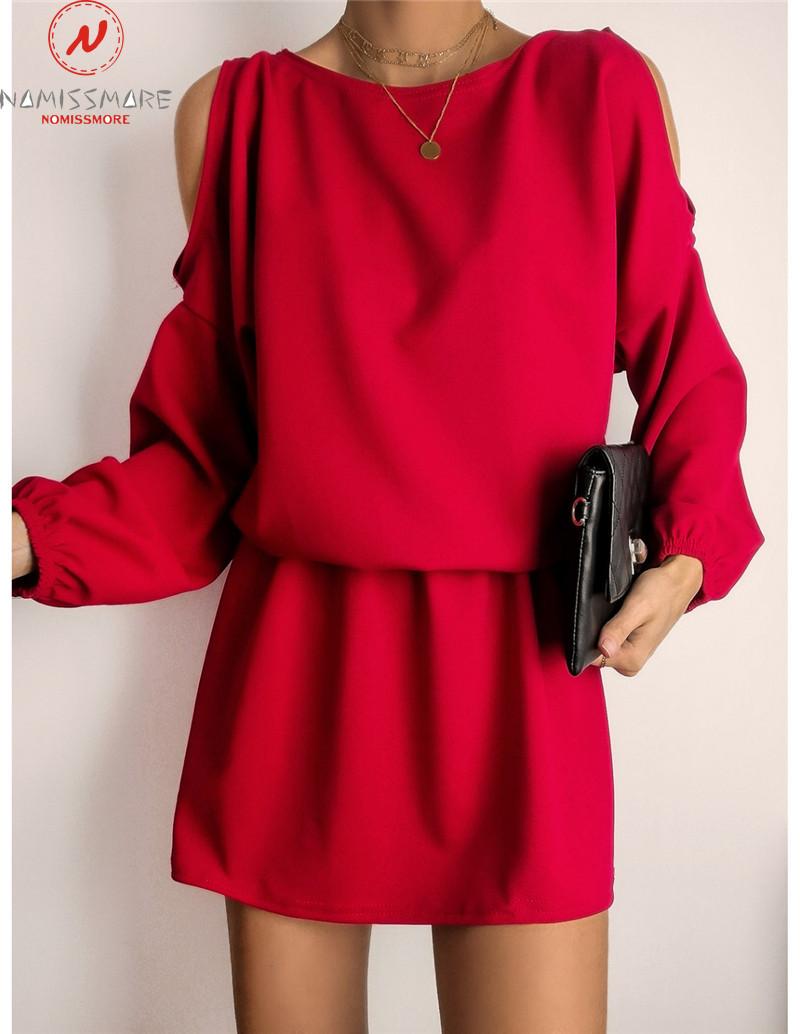 Fashion Women Solid Color Mini Dress Hollow Out Design Off Shoulder O-Neck Long Sleeve Mid Waist Casual Loose Pullovers Dresses