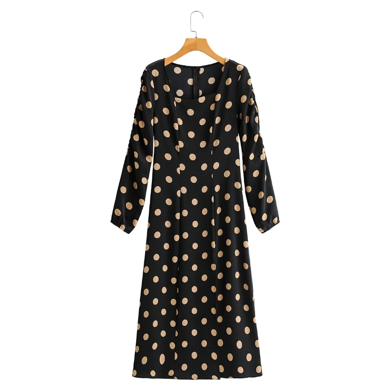 Spring Women Polka Dot Printing Side Slit Midi Dress Female Square Collar Long Sleeve Clothes Casual Lady Vestido D7197 210430