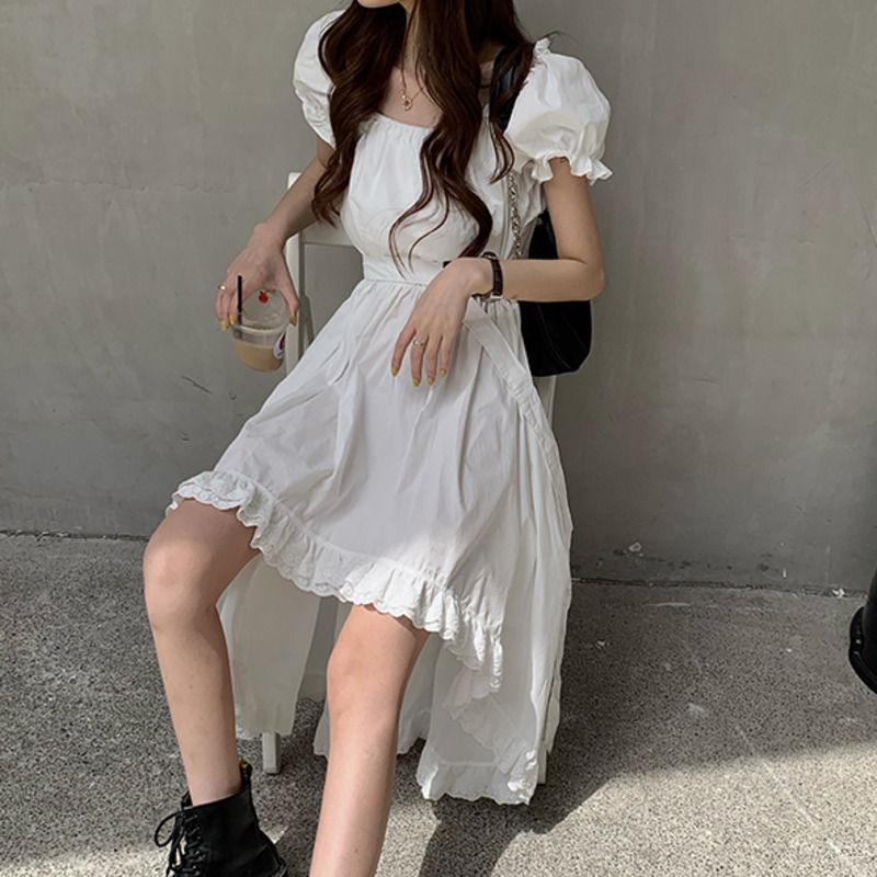 Korean Elegant Casual Women Summer Dress Female Square Collar Vintage Puff Sleeve Irregular Lace Splice Midi Long Dress Vestidos 210331