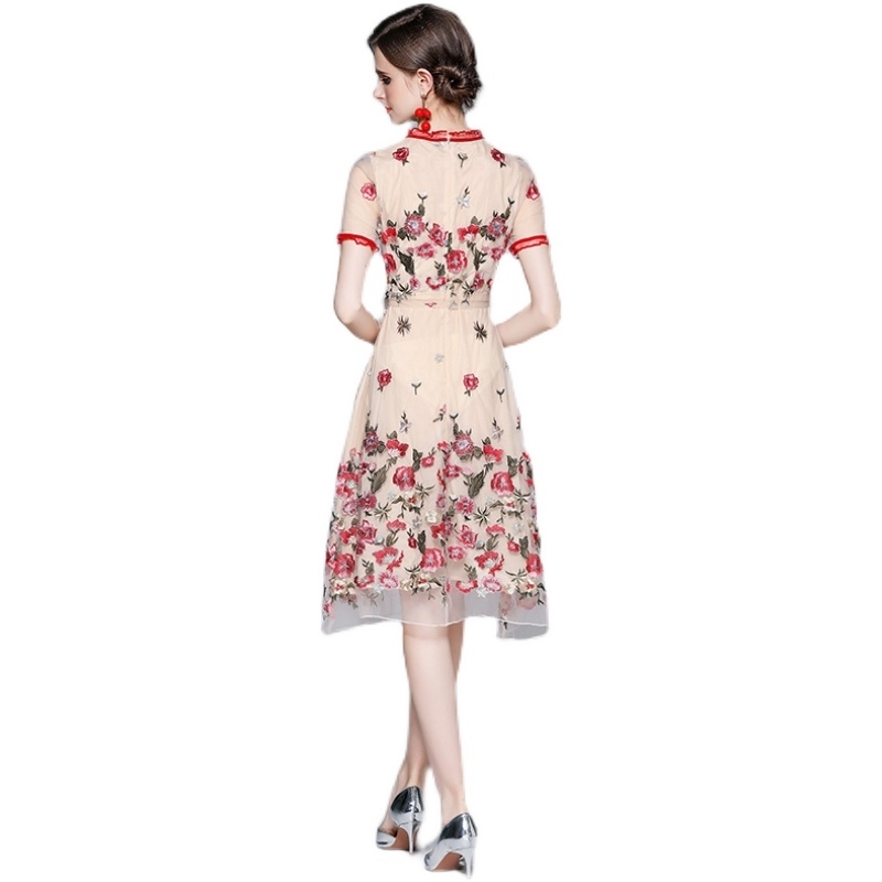 Fashion Summer Dress Women's Mesh Embroidery Flowers Vintage Elegant Temperament Dresses Vestidos 210520