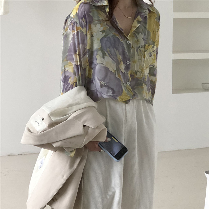 Chic Fashion Florals Printed Fresh Sunscreen Korean Loose Long Sleeve OL Basic Blouses All Match Leisure Shirts 210421