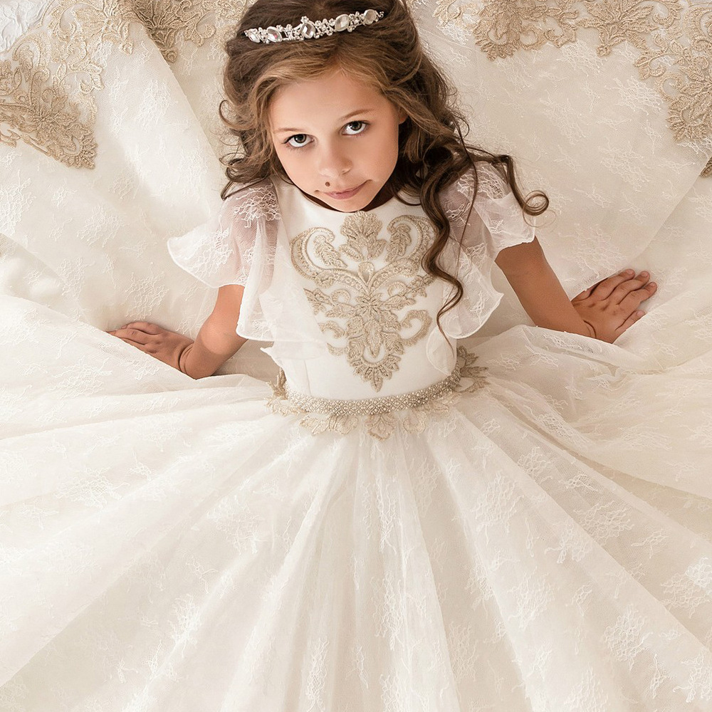 2021 Gold Flower Girl Dresses For Wedding Spaghetti Lace Floral Appliques Tiered Skirts Girls Pageant Dress A Line Kids Birthday Gowns 0510