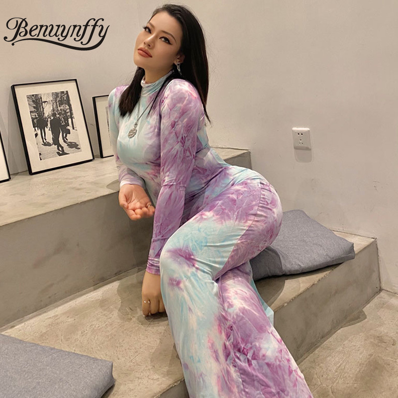 Turtleneck Tie Dye Slim Fit Long Dress Women Spring High Waist Sleeve Plus Size Ladies Elegant Bodycon 210510