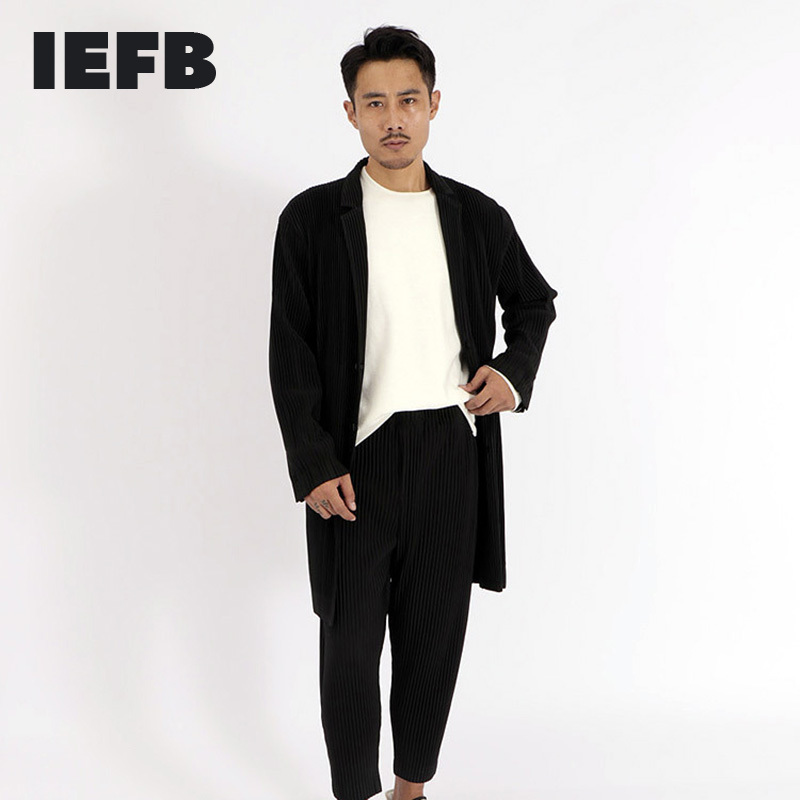 IEFB High Quality Pleated Trehch Coat Notched Collar Spring High Street Medium Length Casual Single Breast Windbreaker 210524