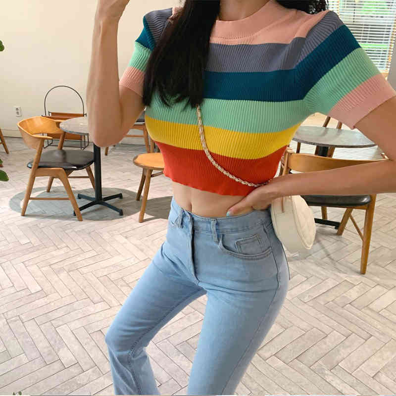 HELIAR Plain Tee Women Knitted Strips O-Neck T-shirts Women Summer Short Sleeve Casual Street Outwear Crop TEES For Women Tops 210406