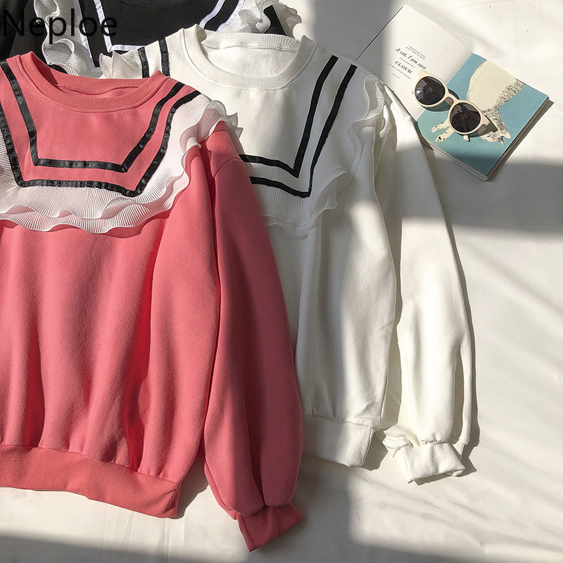 Neploe Sweet Ruffles Hoodies Women O-neck Long Sleeve Outwear Korean Fashion Loose Thicked Sweatshirt Coat Female 4G585 210422