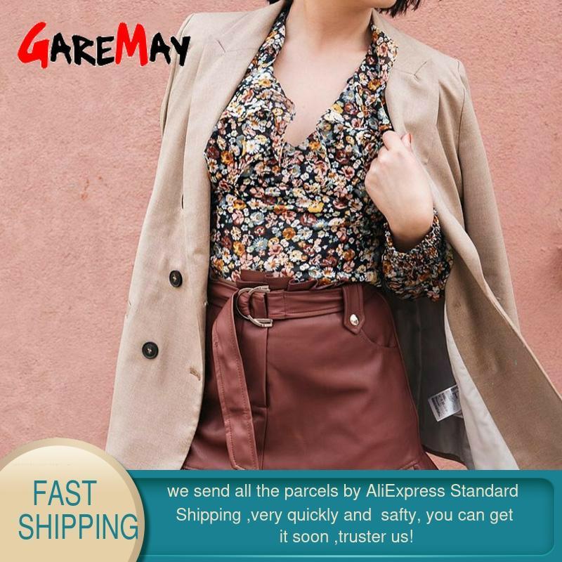 PU Leather Skirts for Women Autumn Winter Mini Skirt Female Pleated Ruffles Belt Black Red High Waist Fashion 210428