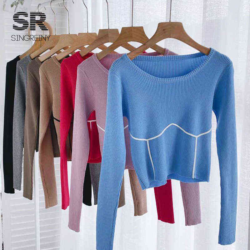 SINGREINY Women Knitted Sweater Long Sleeves O Neck Solid Elastic Slim Knit Basic Tops Autumn Casual Female Pullovers 211109