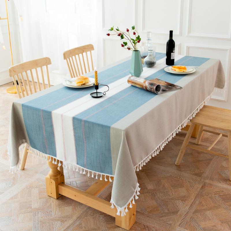 Home Striped Linens Cotton Tablecloth Tassel Protection Table Dinner Party Embroidered Banquet Cover Decorations Cloth