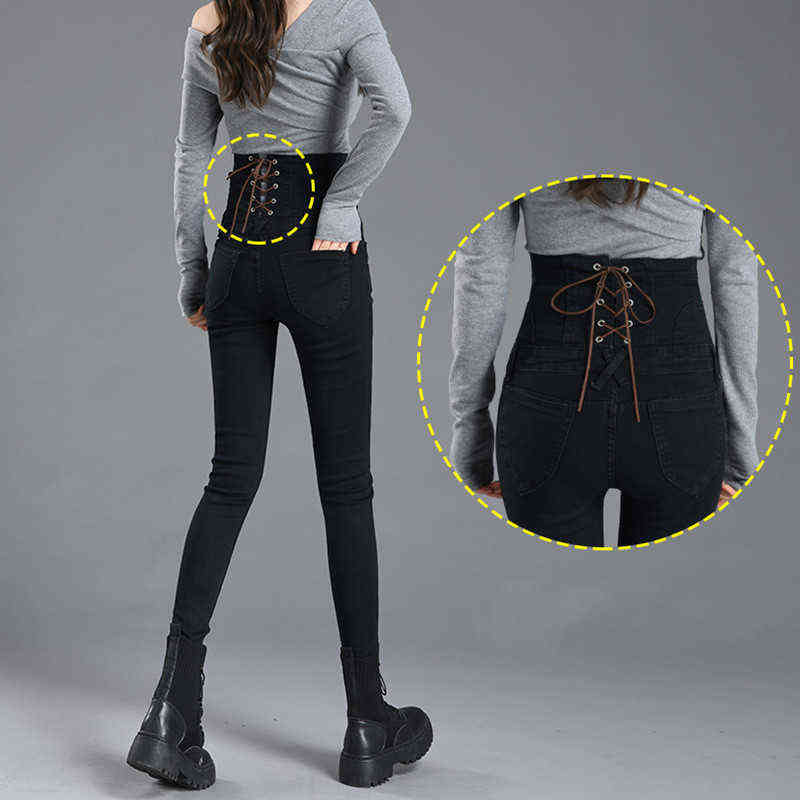 High Waist bow tie abdomen Bottom Jeans Women Buttons Skinny Femme Trousers Slim Streetwear Pencil Denim Pants 211129