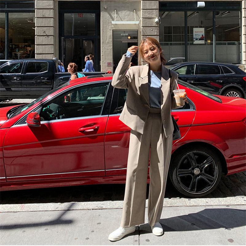 Beige Retro Chic Solid Gentle Lady Elegant OL Blazers + Vintage Casual All Match Straight Pants Set 2 Pieces Sets 210421