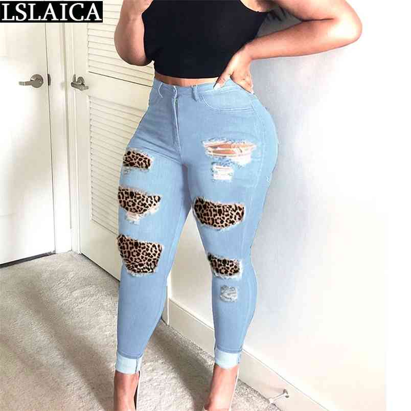 Plus Size Woman Pants Leopard Elegant Casual Fashion Straight Jeans for Women Streetwear Zipper Hole Pocket Femme Pantalon 210515
