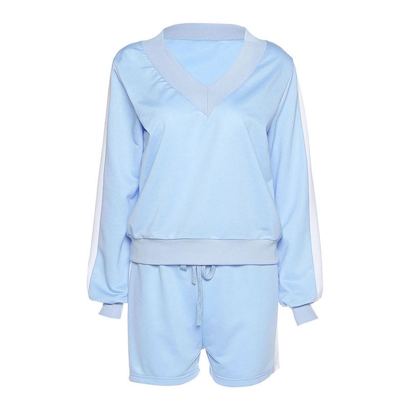 Tracksuit Women Autumn Winter Women's Contrasting Color Long Sleeve V-neck High Waist Shorts Casual Suit women 2 piece set 210508