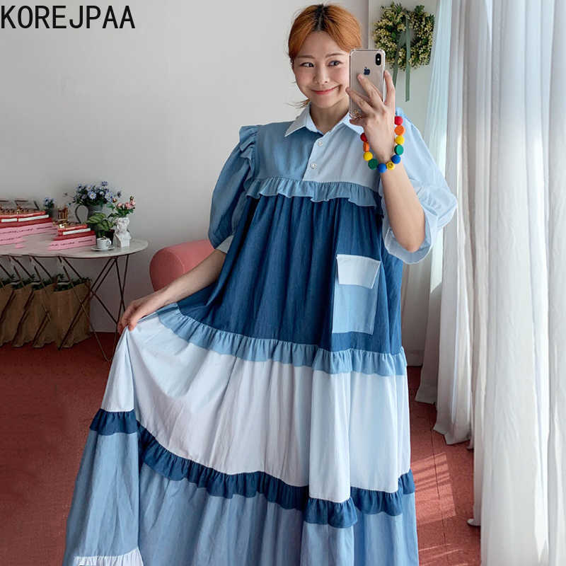 Korejpaa Women Dress Summer Western Style Lapel Wood Ear Stitching Contrast Color Design Puff Sleeve Large Swing Vestidos 210526, Light blue
Korejpaa Women Dress Summer Western Style Lapel Wood Ear Stitching Contrast Color Design Puff Sleeve Large Swing Vestidos 210526, Light blue