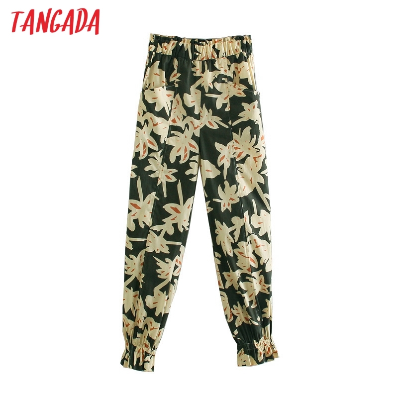Women Green Floral Print Long Trousers Vintage Style Strethy Waist Lady Pants Pantalon 5Z76 210416