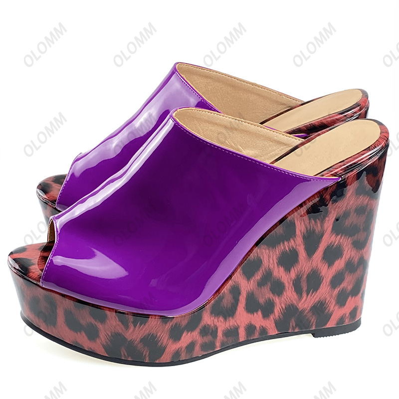 Rontic Women Platform Mules Sandals Slippers Red Leopard Wedges Heels Open Toe Gorgeous Party Shoes Women US Plus Size 5-20