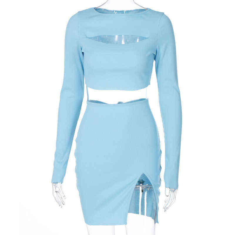 CNYISHE Fashion Casual Two Piece Set Top And Skirts 's Tracksuit Sexy Hollow Out Bodycon Lounge Female Overalls 211106