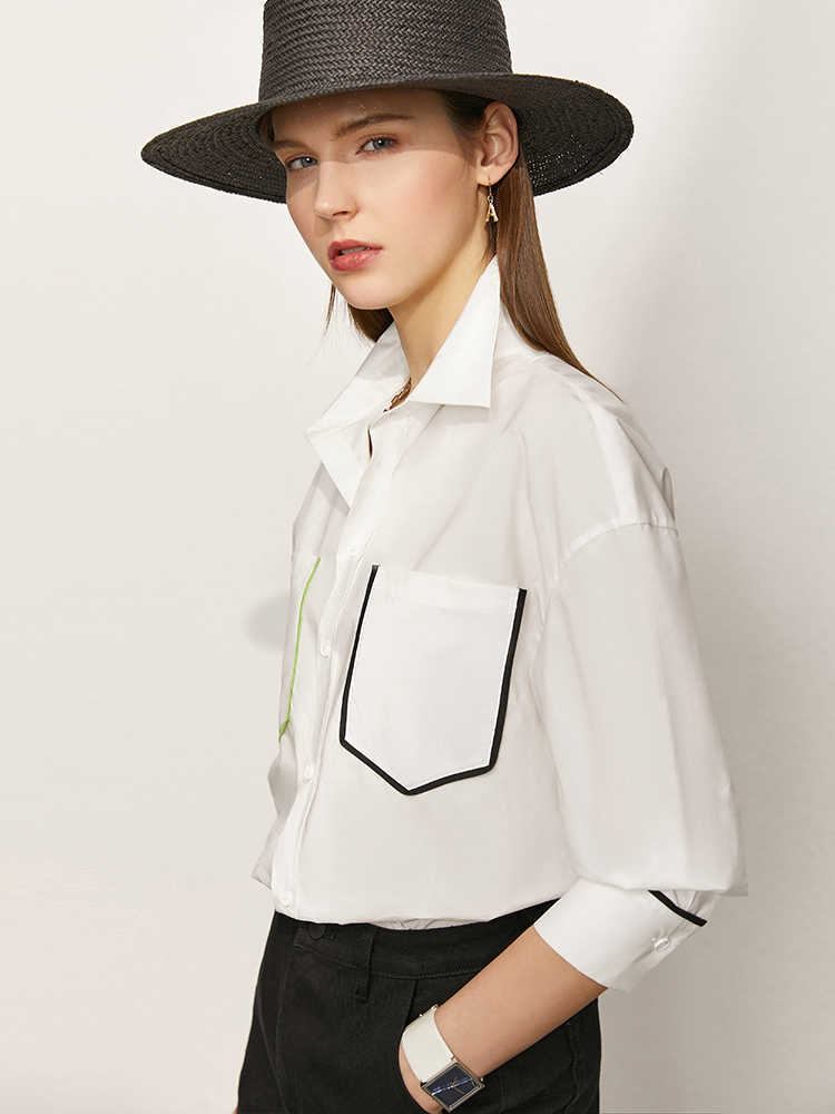 Minimalism Summer Women's Shirt Offical Lady 100%cotton Patchwork Lapel Full Sleeve Causal Tops 12170179 210527