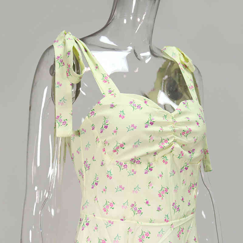 NewAsia Yellow Print Dress Women Summer Sleeveless Tie Up Bow Strap Elegant Midi Dresses Casual Sexy Side Split Floral Dress 210329