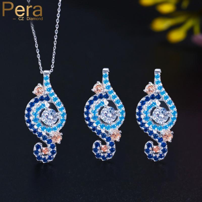 Earrings & Necklace Pera Unique Light Blue CZ Zircon Geometry Shape Pendant Sets For Women Fashion Party Jewelry Accessories J438, As pic