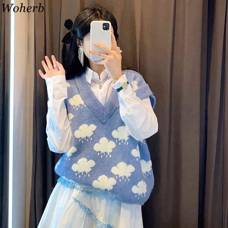 Kawaii Knitted V-neck Sweater Vest Women Cloud Print Blue Knitwear Waistcoat Spring Cute Girls Gilet All Match 210519