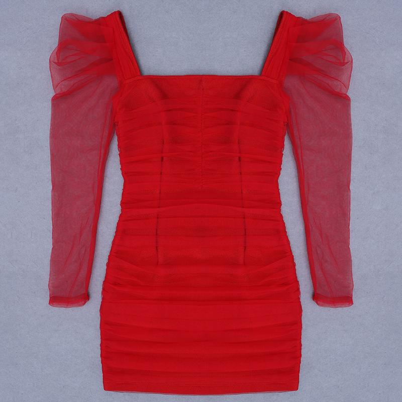 Women Red Lace Square Collar Long Sleeve Vestido Celebrity Evening Party Bodycon Bandage Dresses Wholesale Casual