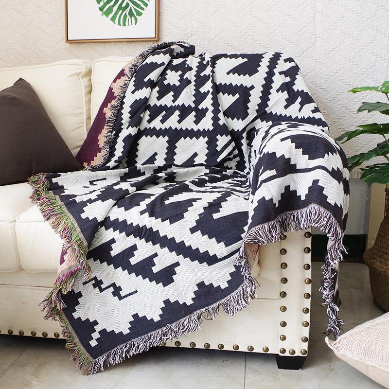 Dark Brown Geometric Throw Blanket Double Sided Sofa Towel Full Cover Decorative Casual Bed Spread Boho Rug Cushion Blankets