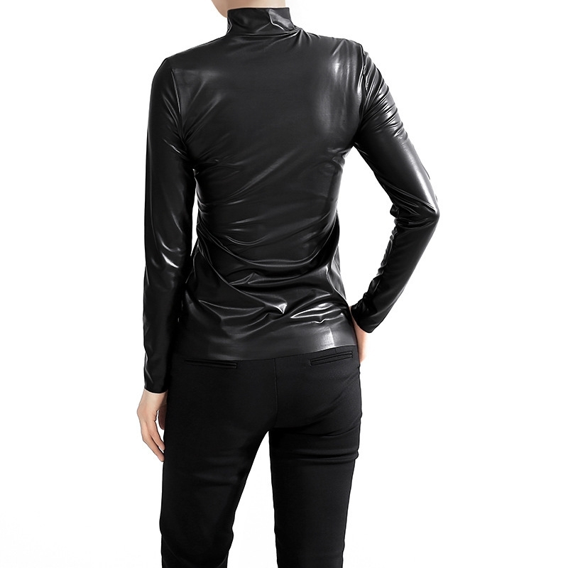 EAM Women Black Brief Pu Leather Temperament Tshirt Stand Collar Long Sleeve Fashion Spring Autumn JY93301 210406