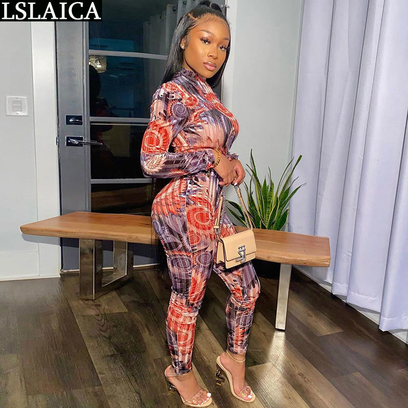 2 piece outfits for women long sleeve print tops&long pants slim elegant casual two set outfit top and 210515