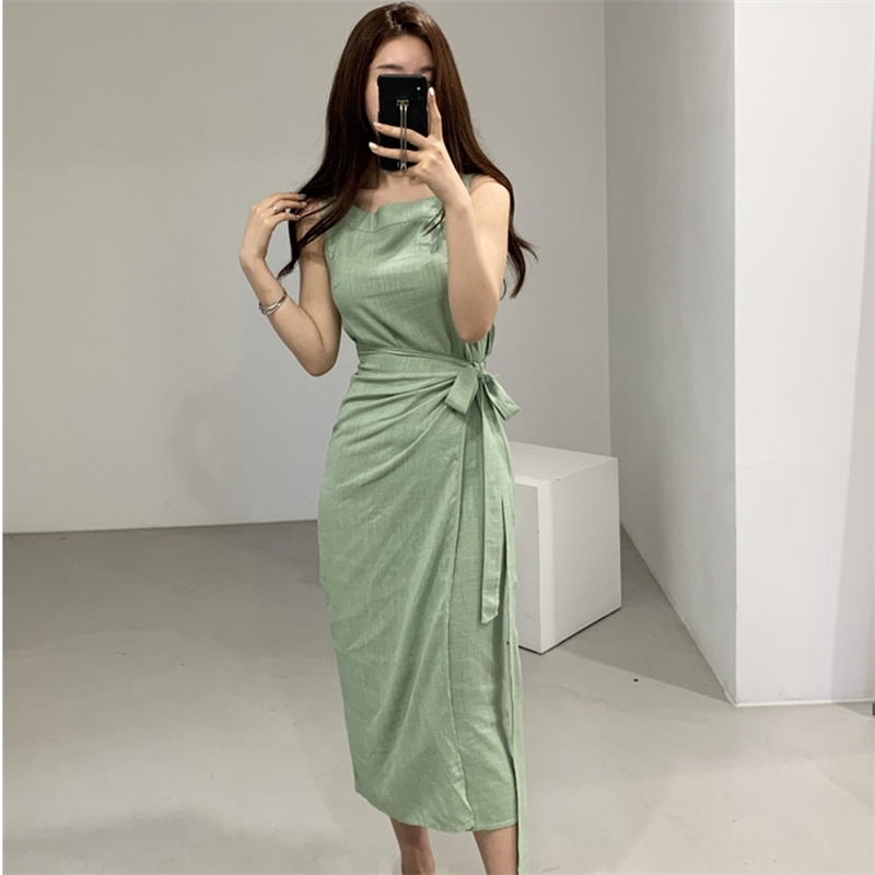 Summer Sleeveless Women Green Dress Elegant Slim Waist Lace-Up Female Long Vestidos 210520, Photo color 
Summer Sleeveless Women Green Dress Elegant Slim Waist Lace-Up Female Long Vestidos 210520, Photo color