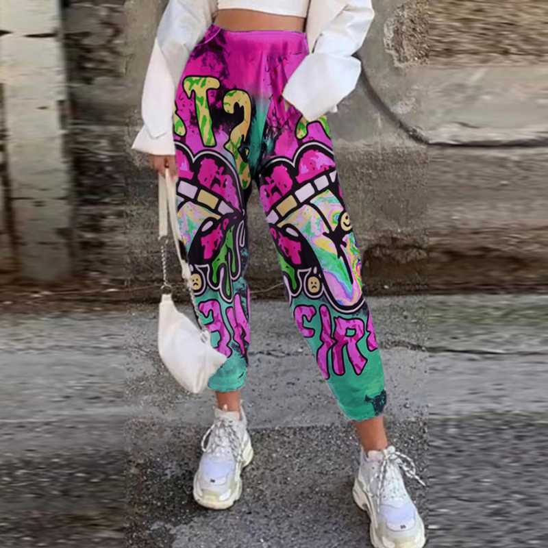 Women Casual Skull Print Patchwork Pants Autumn Elastic Waist Pocket Wide Leg Pants Female Streetwear Plus Size Warm Sweatpants 211006