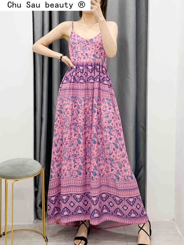 beauty Fashion Boho Vinatge Print Sling Midi Dress Women Holiday Chic Backless Summer Long Dresses Mujer Vestido 210514