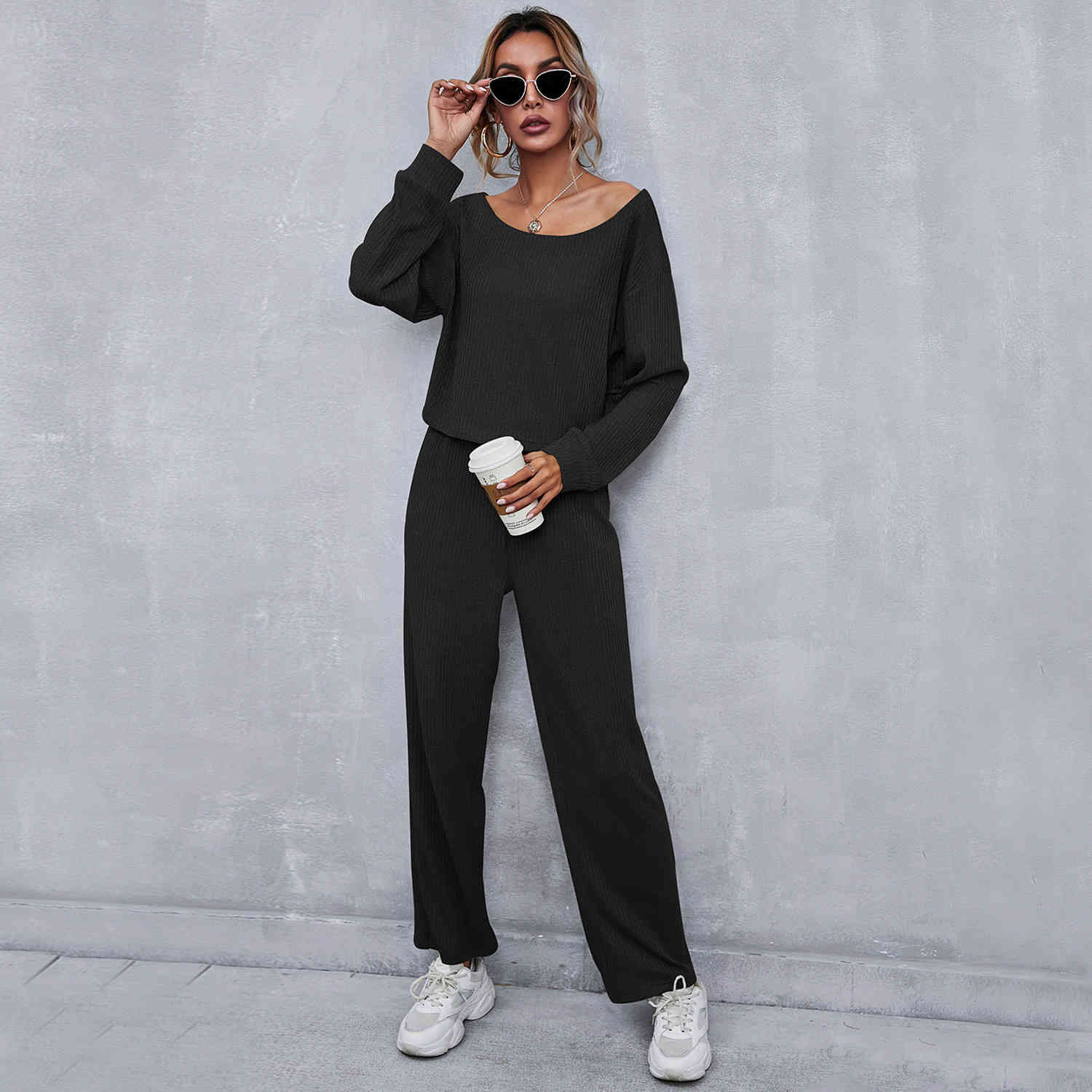 women knitted suits Spring Autumn long sleeve O-neck pullovers +full straight pants female Casual knit track set 210524